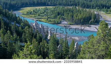 Bow river with hoodoo rock formations, Banff national park, Canada.