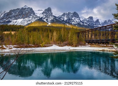 Bow River Through Snowy Canmore Mountains