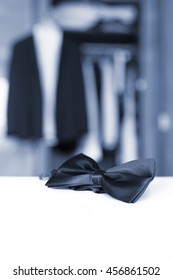 Bow Tie. Open Closet And Tuxedo. Getting Ready For Formal Night. With Isolated Place For Text.