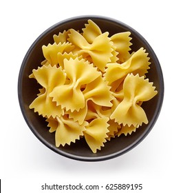 Bow Tie Pasta In Bowl, Isolated On White Background, Top View