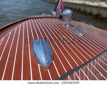 Bow of vintage 1946 Chris Craft mahogany boat.