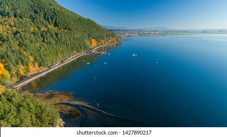 Bow, Washington/USA - October 2017: Taylor Shellfish Farms Chuckanut Drive Rock Point Aerial View Along Coast Of Samish Bay