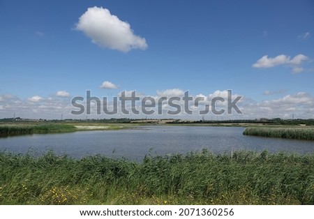 The Bowers Marsh nature reserve under a bright cloudy sky in Essex, UK on a sunny day