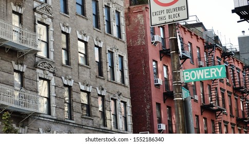 Bowery Street NYC Sign Old City Tenement Buildings Downtown New York