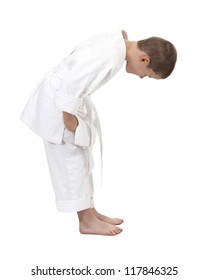 Bowing Boy In Judo Kimono, Isolated On White