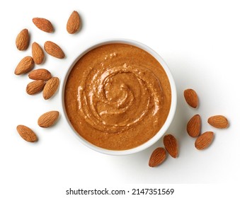 Bowl Of Almond Butter Isolated On White Background, Top View, Above