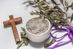 Bowl With Ashes, Olive Branch And Cross, Symbols Of Ash Wednesday