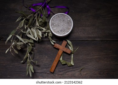 Bowl With Ashes, Olive Branch And Cross, Symbols Of Ash Wednesday