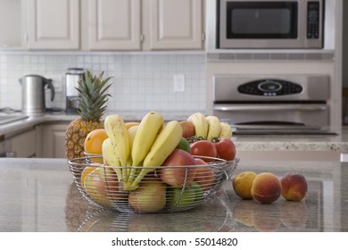 Bowl Of Assorted Fruit In Modern Grey Kitchen