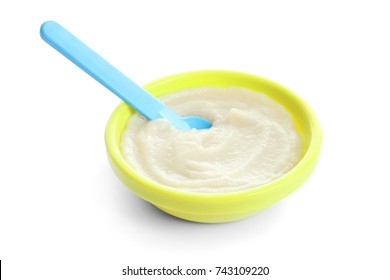 Bowl With Baby Food On White Background