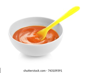 Bowl With Baby Food On White Background