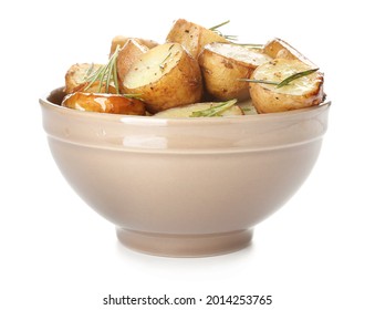 Bowl With Baked Potatoes On White Background