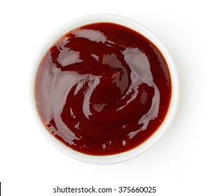 Bowl Of Barbecue Sauce On White Background, Top View