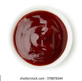 Bowl Of Barbecue Sauce On White Background, Top View