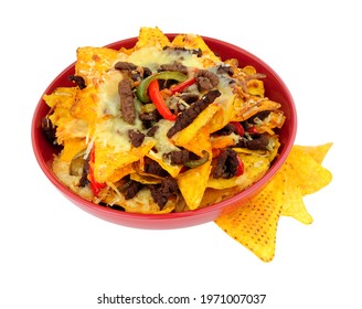 Bowl Of Beef And Cheese Nachos With Red And Green Peppers Isolated On A White Background