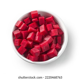 bowl of beetroot cubes isolated on white background, top view - Powered by Shutterstock