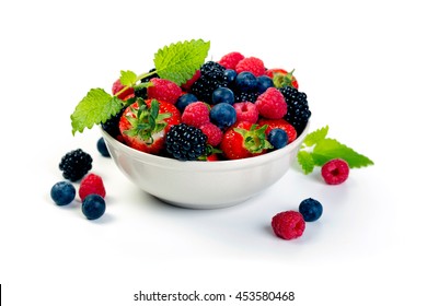 Bowl Of Berries. Bblackberries; Raspberries; Blueberries, Strawbwrries On A White Background. Healthy Breakfast