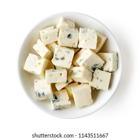 Bowl Of Blue Cheese Cubes Isolated On White Background, Top View