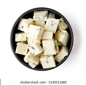 Bowl Of Blue Cheese Cubes Isolated On White Background, Top View