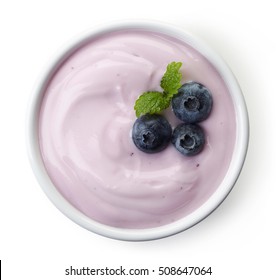 Bowl Of Blueberry Yogurt Isolated On White Background From Top View