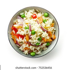 Bowl Of Boiled Rice With Vegetables Isolated On White Background, Top View