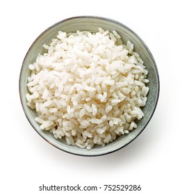 Bowl Of Boiled Round Rice Isolated On White Background, Top View