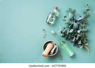 Bowl, bottles of eucalyptus essential oil, mortar, bunch of fresh eucalyptus branches on green background. Natual organic ingredients for cosmetics, skin care, body treatment - Shutterstock ID 1477747892
