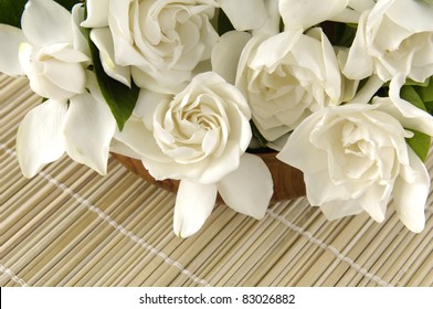 Bowl Of Bouquet Gardenia On Bamboo Napkin Bamboo Texture