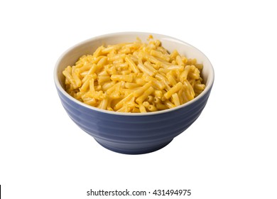 A Bowl Of Boxed Macaroni And Cheese Isolated On White.