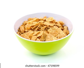 A Bowl Of Breakfast Cereal Isolated Against A White Background