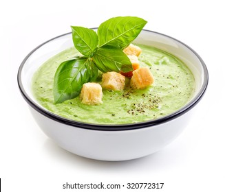 Bowl Of Broccoli And Green Peas Cream Soup Isolated On White Background