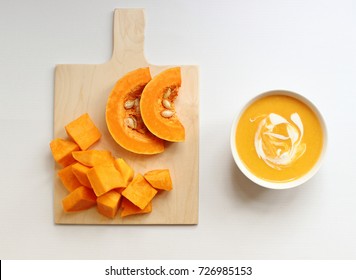 Bowl Of Butternut Squash Soup On A White Background,isolated,squash Soup,top View