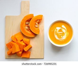 Bowl Of Butternut Squash Soup On A White Background,isolated,squash Soup,top View