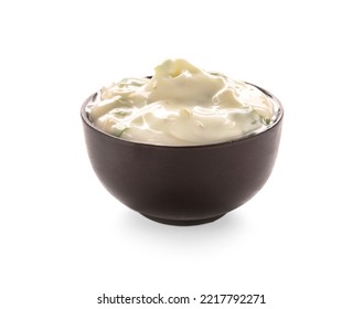 Bowl With Caesar Salad Dressing On White Background