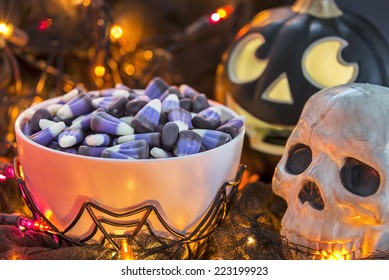 Bowl Of Candy Corn In A Dimly Lit Spooky Halloween Theme