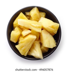 Bowl Of Canned Pineapple Chunks Isolated On White Background, Top View