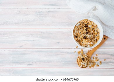 Bowl Of Cereal With Spoon. Overhead View.