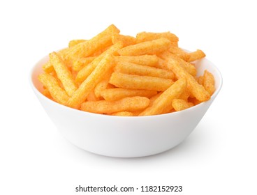 Bowl Of Cheese Puff Sticks Isolated On White