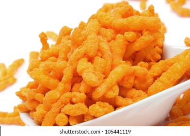 A Bowl With Cheese Puffs On A White Background