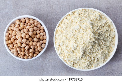 Bowl Of Chick Peas Flour And Bowl Of Chick Peas From Top View