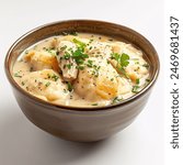 a bowl of chicken and dumplings