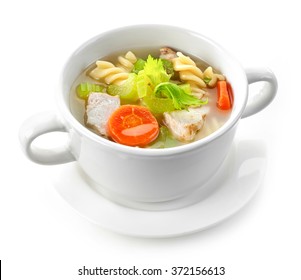 Bowl Of Chicken And Vegetable Soup Isolated On White Background