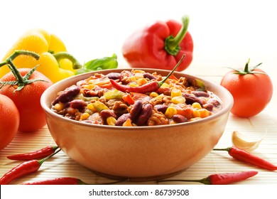 Bowl Of Chili Con Carne With Ingredients