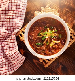 Bowl Of Chili Overhead Shot With Copy Space