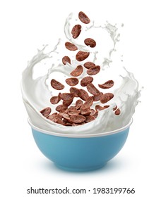 Bowl of chocolate corn flakes with milk splash isolated on white background