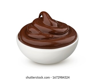 Bowl Of Chocolate Cream Isolated On White Background With Clipping Path, Swirl Of Hazelnut Paste