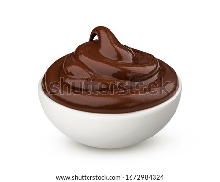 Bowl of chocolate cream isolated on white background with clipping path, swirl of hazelnut paste