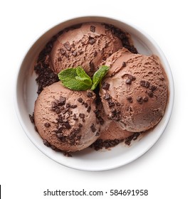 Bowl Of Chocolate Ice Cream Isolated On White Background. From Top View