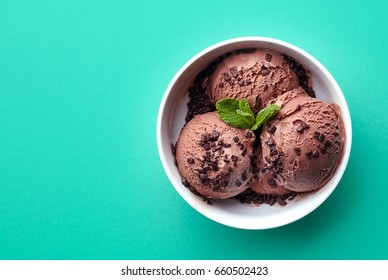 Bowl Of Chocolate Ice Cream Isolated On Green Background. Top View