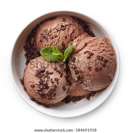 Bowl of chocolate ice cream isolated on white background. From top view